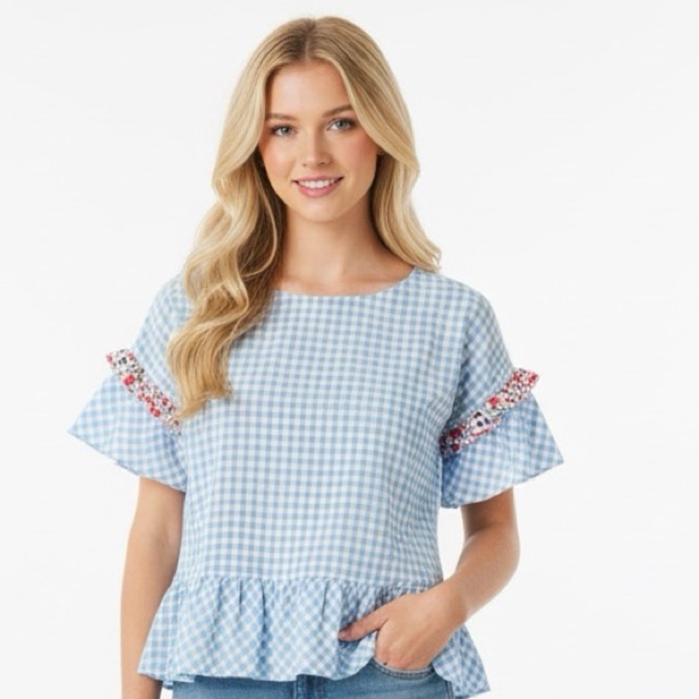 Matilda Jane Light Blue Checkered Blouse with Floral Accents size xsmall
